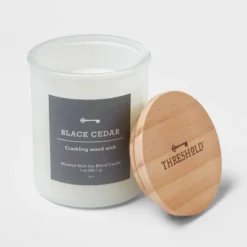 9oz Milky White Glass Woodwick Candle With Wood Lid And Stamped Logo Black Cedar - Threshold™ -Online Household Items GUEST 03c5dd05 5786 45f7 806d 1bc1a99debba