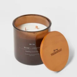 23oz XL 3-Wick Rose + Cedar Wooden Amber Glass With Wood Lid And Stamped Logo Amber - Threshold™ -Online Household Items GUEST 0c1f079c 9ea4 408d ae6e 3d8dc5f1dfda