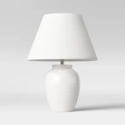 16.5"x13" Turned Ceramic Table Lamp White - Threshold™: Modern Accent, Linen Shade, No Assembly Required