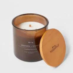 23oz XL 3-Wick Leather + Embers Wooden Amber Glass With Wood Lid And Stamped Logo Amber - Threshold™ -Online Household Items GUEST 4fbf95f2 2402 46bf 97f1 6933f738c12d