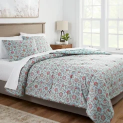 Floral Printed Comforter & Sham Set Light Teal Blue - Threshold™
