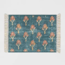 Washable Floral Block Printed Blue Rug Blue - Threshold™ -Online Household Items GUEST f1da6512 8409 4f42 b641 c97fb7f96289